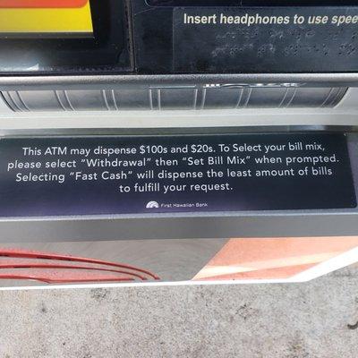 ATM dispenses $100 or $20 dollar bills up to $500, you can choose.