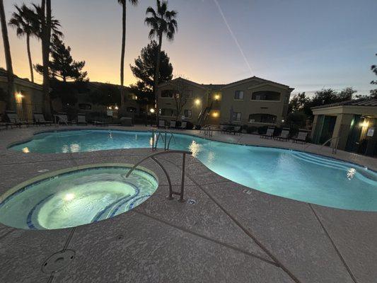 Newly refinished community pool and spa at sunrise