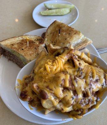 Brisket Garlic melt and chili cheese fries