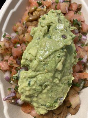 Burrito bowl w. Brown rice, pinto beans, pico & guacamole. Plant Based - Vegan