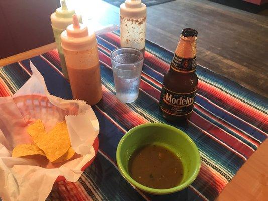 Cold beer, chips and 4 sauces!