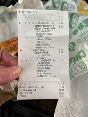 Receipt proving the extras on my order of a Chicken Bacon Ranch Sub! My review was about my sub only, but there were many issues w/ all 3!