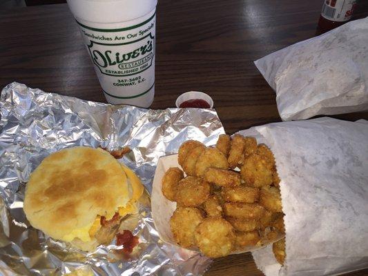 Very good food Pictured is the hash rounds and bacon, egg, and cheese biscuit