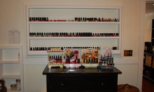 One of many polish racks.  Nailworks always has the latest release polish collections.