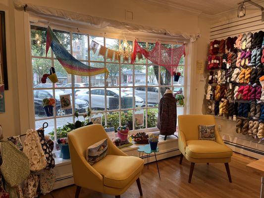 Cozy space for knitting and crocheting or just for great conversation.