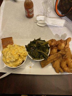 Catfish, Shrimp, Greens, with Mac/Cheese.