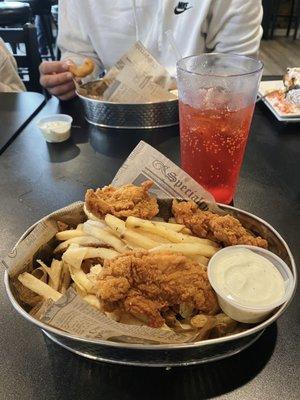 chicken strips with cove's special garlic parmesan and dill fries, ranch and a shirley temple