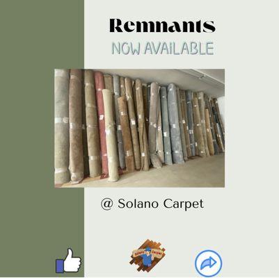 Looking to replace carpet in a bedroom, living room? Have small project in mind? We have remnants. Stop by Solano Carpet.