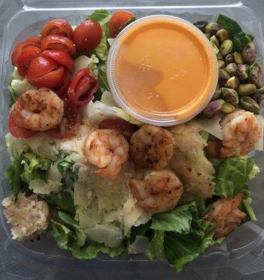 Shrimp Caesar (shrimp, tomatoes, edamame, pistachios, cheese)