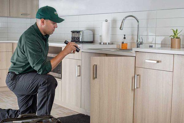 Technician conducting an interior pest inspection.