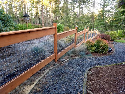 Cedar fence with hog panel