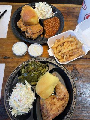 1/4 roast chicken with collard greens and coleslaw and 2piece fried chicken with coleslaw and baked beans with a side of  French fries