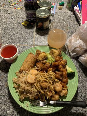 General Tso, Egg Roll, Cream Cheese Wonton, Shrimp Lo Mein, Shrimp Fried Rice, Sweet/Sour sauce