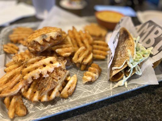 Waffle Fries, Bambi Taco, Nacho Cheese in the Background