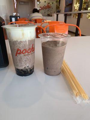 Chocolate creamy shake with crema, boba, and coffee jelly Roughly $10