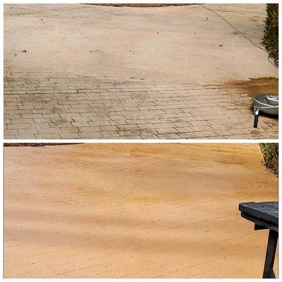 Before and after picture od painted driveway soft wash