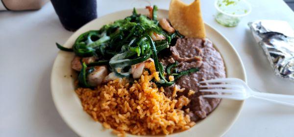 Mixto Especial plate. Shrimp, cheese and rajas served with rice and beans.