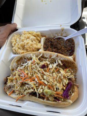 Pulled pork, smoked Mac and cheese, Sue's sweet beans