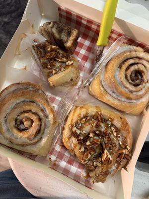 Turtle, chocolate with heath bar, and original cinnamon roll.