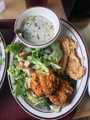 Veggie pattie, ranch salad, artichoke soup, polenta