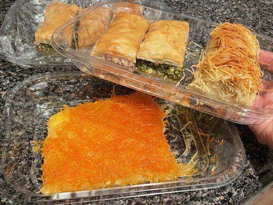 $23 Crispy Kanafeh, 2 Trays of Almond & Pistachio Baklava (best), single Kanafeh (not sure the difference, but best)