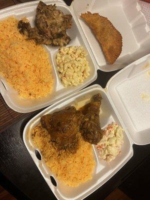 Roasted Pork, Yellow Rice & beans & macaroni salad + Chicken Stew, Yellow Rice & beans + potato salad + chicken empanada