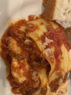 Lasagna is moist with several layers.