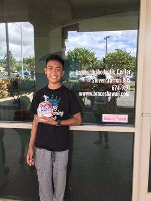 My oldest son when he got his braces taken off.  They gave him a goodie bag of everything he wasn't suppose to eat while he had braces.