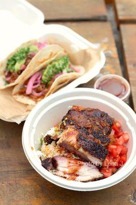 Spicy Pork Belly Rice Bowl ($15) and Pulled Pork Tacos ($3 each)