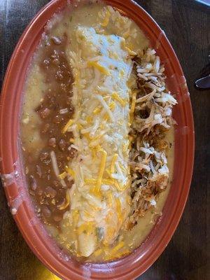 Bacon Green Chile smothered breakfast burrito