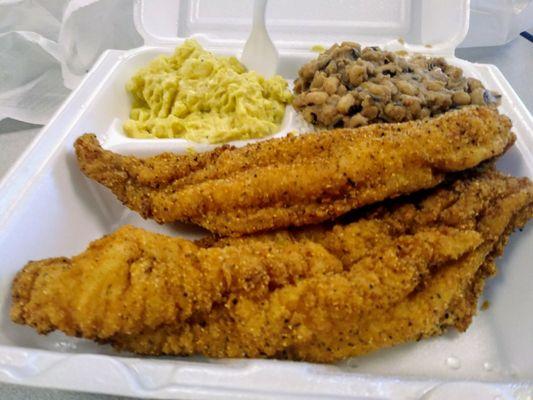 Catfish, potato salad, black eyed peas