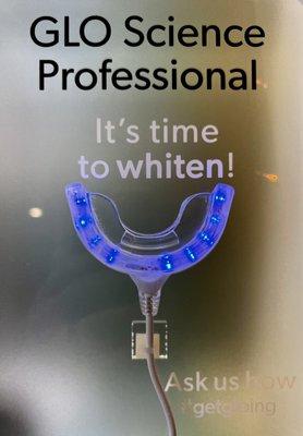 We are partners with GLO Science. We offer both in-house and take home whitening treatments.