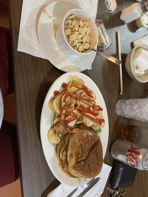 Flounder Filet and House chips, Clam Chowder and Grilled shrimp salad.