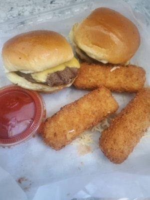 Kids meal. Sliders with mozzarella sticks side