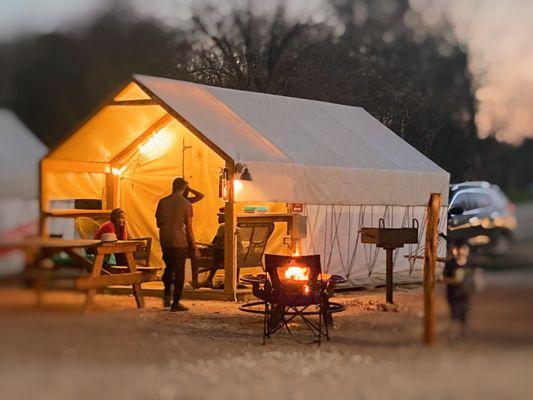 Each glamping cabin on the San Marcos River has it's own fire pit, bbq grill, hammock, picnic table and more!