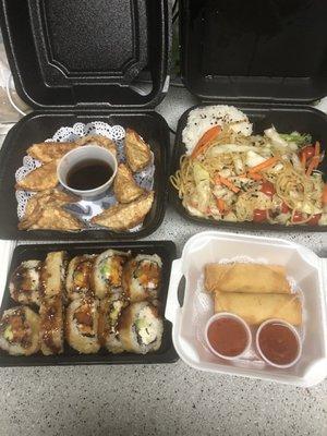 Delivery! Pot stickers, veggie yakisoba, Las Vegas roll & egg rolls.