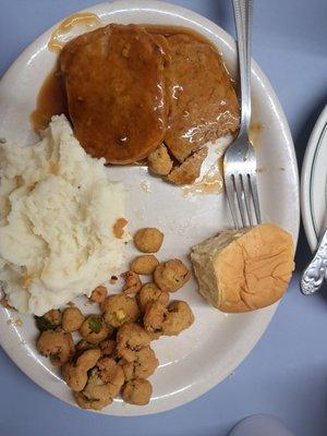 Banquet Salisbury steak and instant mashed potatoes.