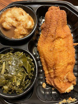 Catfish, greens, mashed potatoes