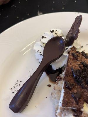 Handcrafted chocolate spoon to garnish the tiramisu