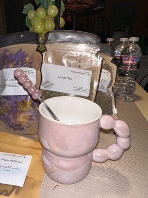 Blue Lotus Tea, Dream Tea, Mullein Leaf. Brain Balance Capsules! And this cute tea mug with a matching stir!