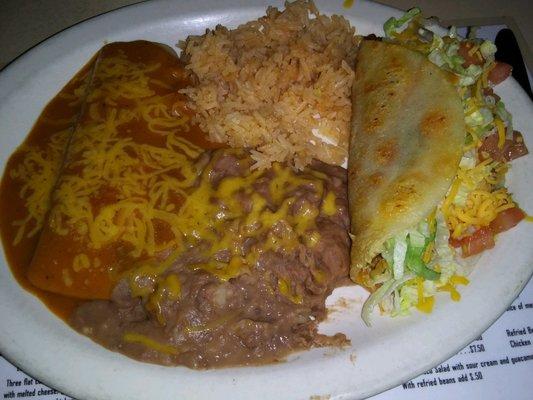 Enchilada & taco with yummy beans.