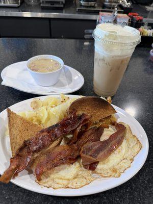 Delicious special honey pepper bacon, 2 eggs, wheat toast and hash browns with chip beef gravy on side