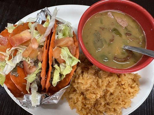 Beef Crispy Taco Plate with  rice & charro beans.