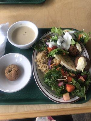 Falafel, rice, salad with ranch, cookie, mushroom soup