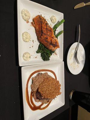 Filet Medallion Risotto* and Blackened Salmon