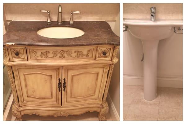 Sink before and after - he did a nice job concealing pipes behind the pedestal