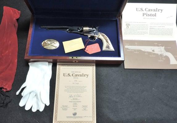 US Cavalry pistol 1860 Army revolver gold engraving by historical society, certificates, paperwork & white gloves