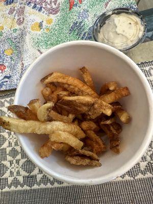 Fries , very hard grilled chicken, very hard tenders