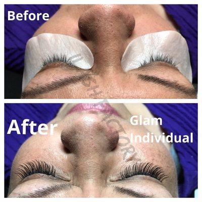 initial Glam application of individual eyelash extensions with a natural shape!