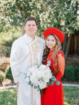 My husband's áo gấm was tailored (not made) by Cô Phien!